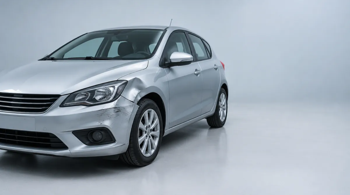 Silberner Kleinwagen mit eingedrückter Fahrzeugfront und zerkratztem Stoßfänger vor hellem Hintergrund
